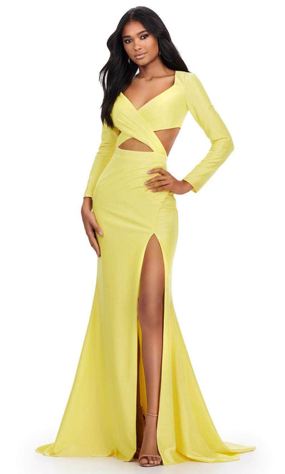 Ashley Lauren 11607 - V-Neck Long Sleeve Dress 00 /  Yellow