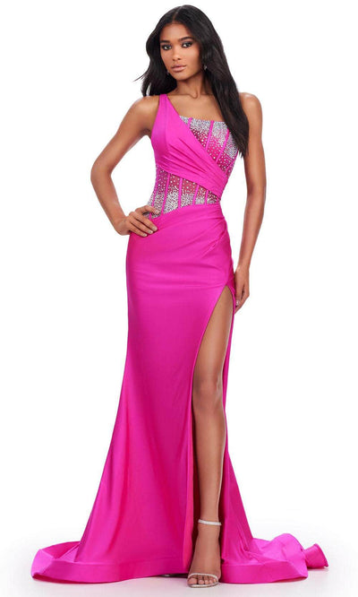 Ashley Lauren 11617 - Asymmetrical Sheer Corset Prom Dress 00 /  Magenta