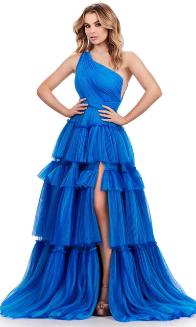 Ashley Lauren 11619 - Ruched One-Sleeve Ballgown 0 /  Royal / Turquoise