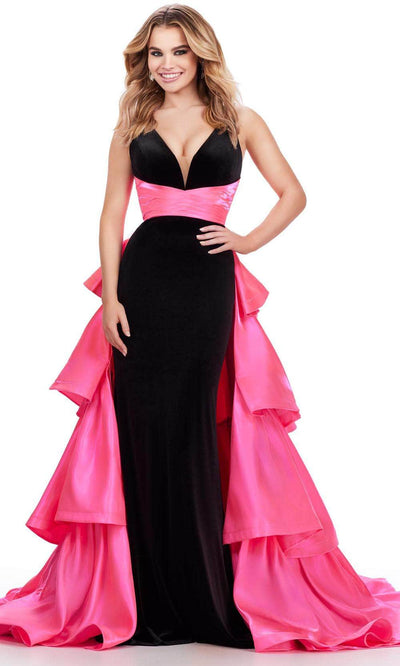 Ashley Lauren 11643 - Plunging V-Neck Sleeveless Dress 00 /  Black / Hot Pink