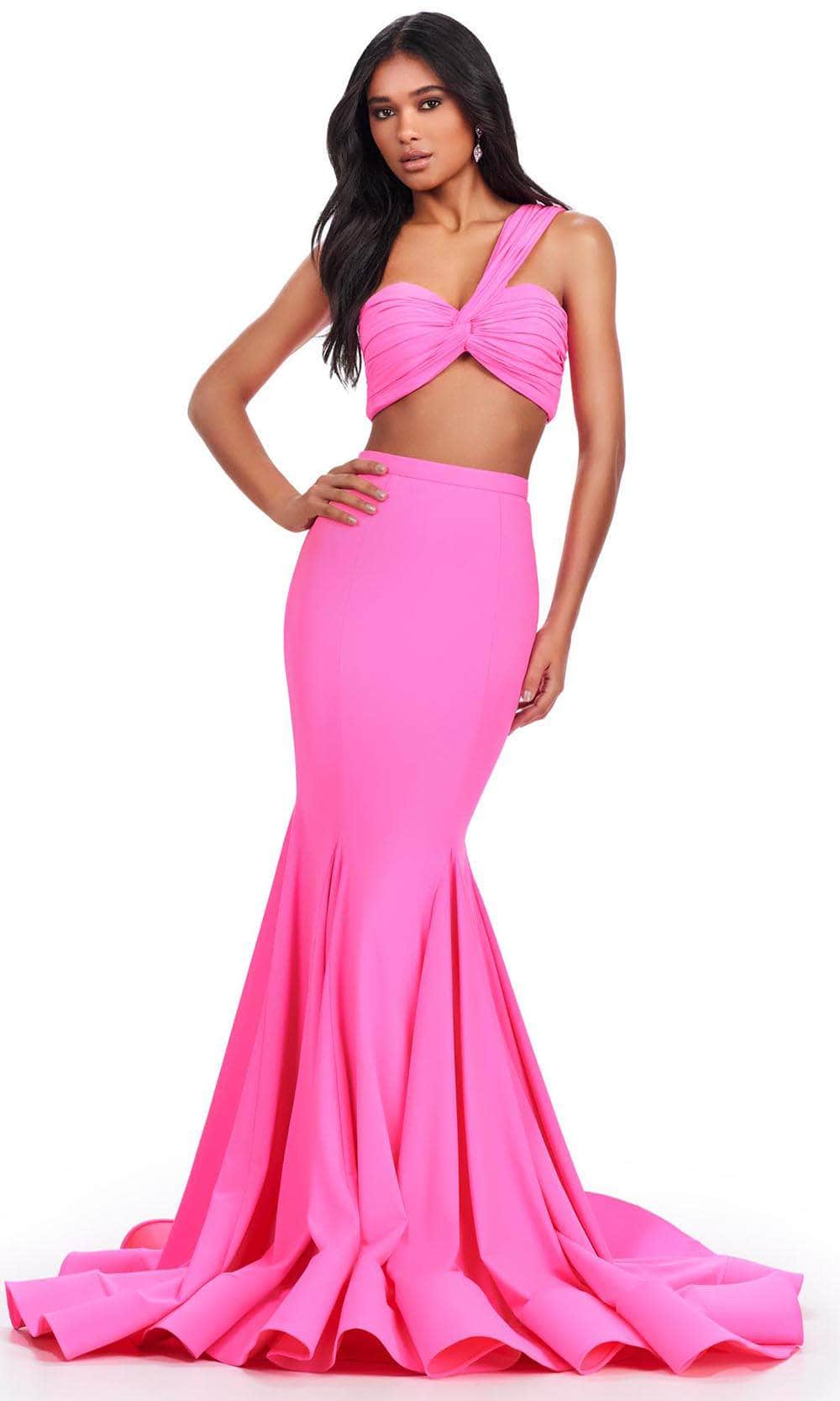 Ashley Lauren 11646 - Long Scuba Mermaid Dress - Two Piece, One Shoulder, Ruched Crop Top, Open Back, Back Zipper, Horsehair Hem, Sweep Train ADASA Ashley Lauren 11646 - Long Scuba Mermaid Dress - Two Piece, One Shoulder, Ruched Crop Top, Open Back, Back Zipper, Horsehair Hem, Sweep Train ADASA