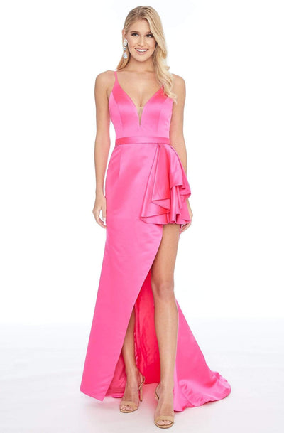 Ashley Lauren - 1581 Deep V-neck Satin Trumpet Dress Prom Dresses 0 / Hot Pink