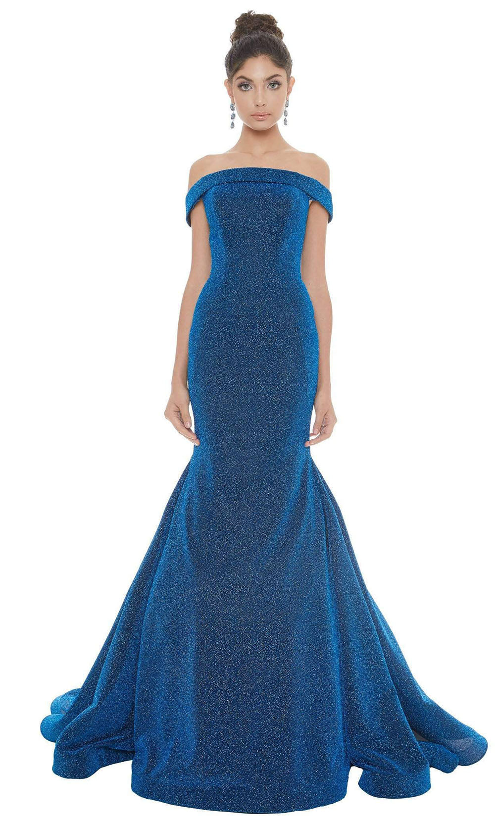 Ashley Lauren - Off Shoulder Glitter Metallic Mermaid Dress 1606SC In Blue