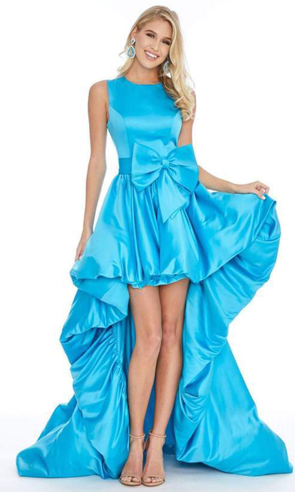Ashley Lauren - 1774 Bow Accent High-Low Bubble Hem Satin A-line Dress In Blue
