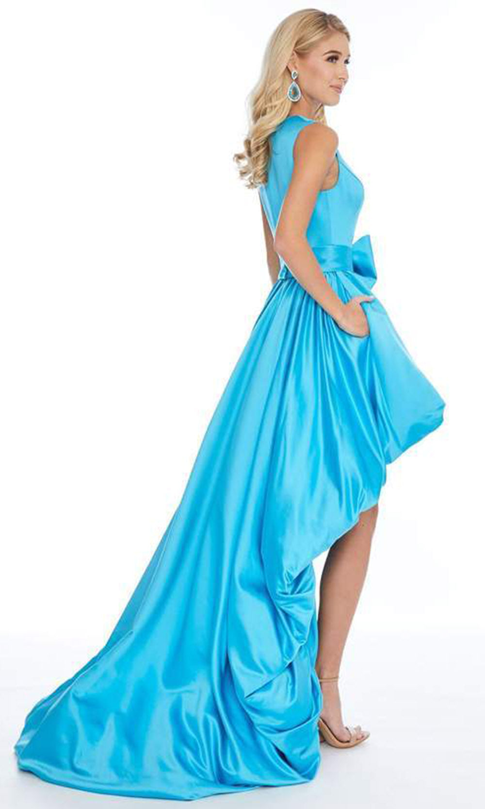 Ashley Lauren - 1774 Bow Accent High-Low Bubble Hem Satin A-line Dress In Blue
