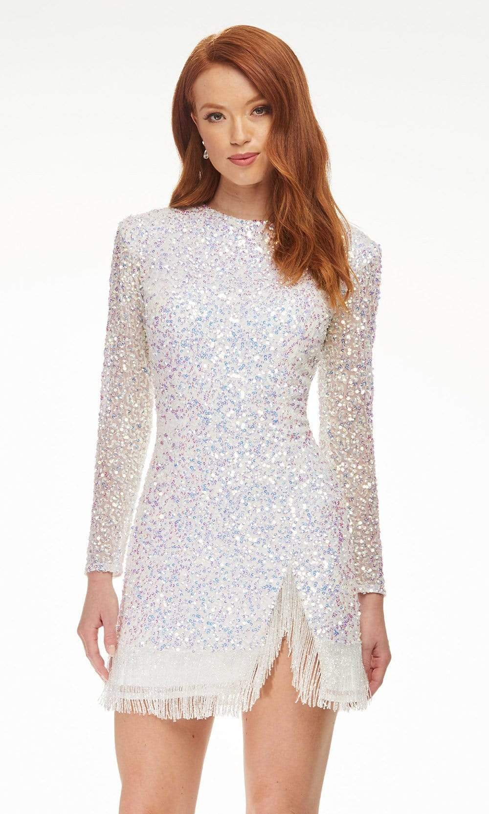 Ashley Lauren - 4438 Beaded Long Sleeve Fringe Sheath Dress Cocktail Dresses 0 / Ab/Ivory