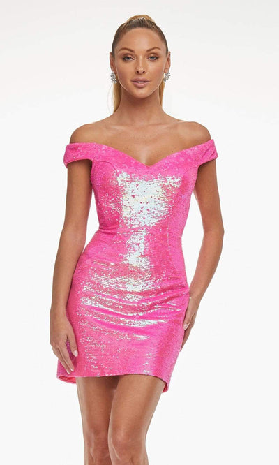 Ashley Lauren - 4445 Off Shoulder Sheath Cocktail Dress Cocktail Dresses 00 / Neon Pink
