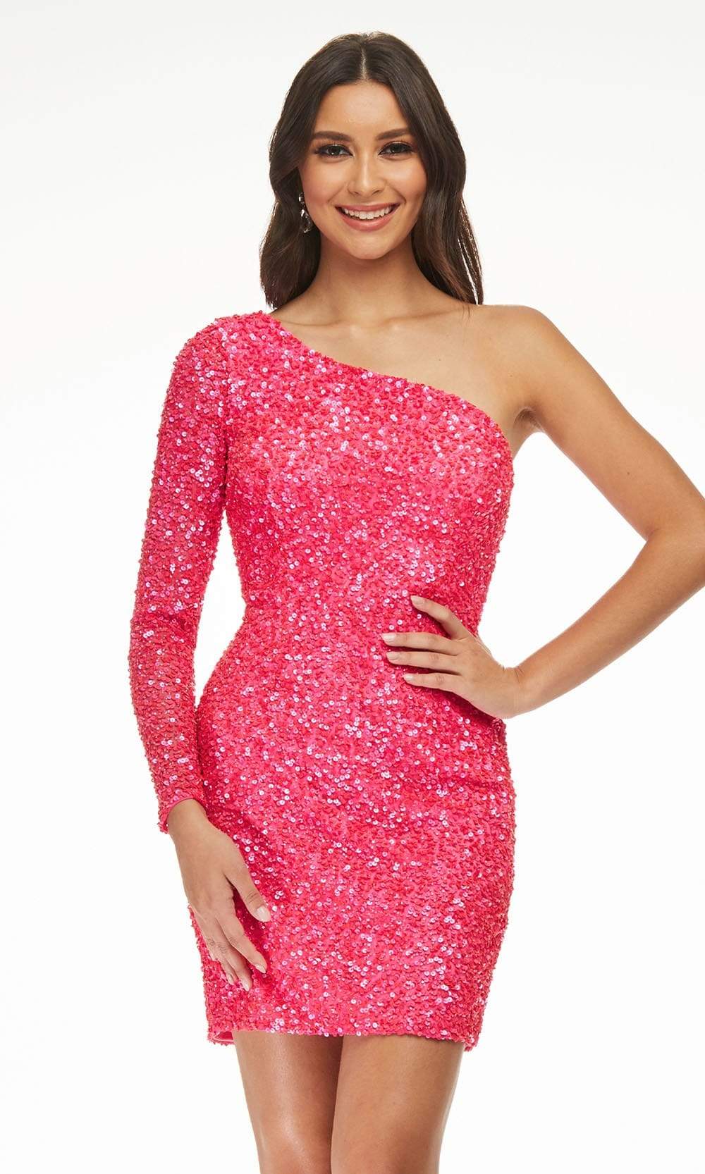 Ashley Lauren - 4457 Full Sequins One Shoulder Fitted Cocktail Dress Cocktail Dresses 00 / Bright Pink