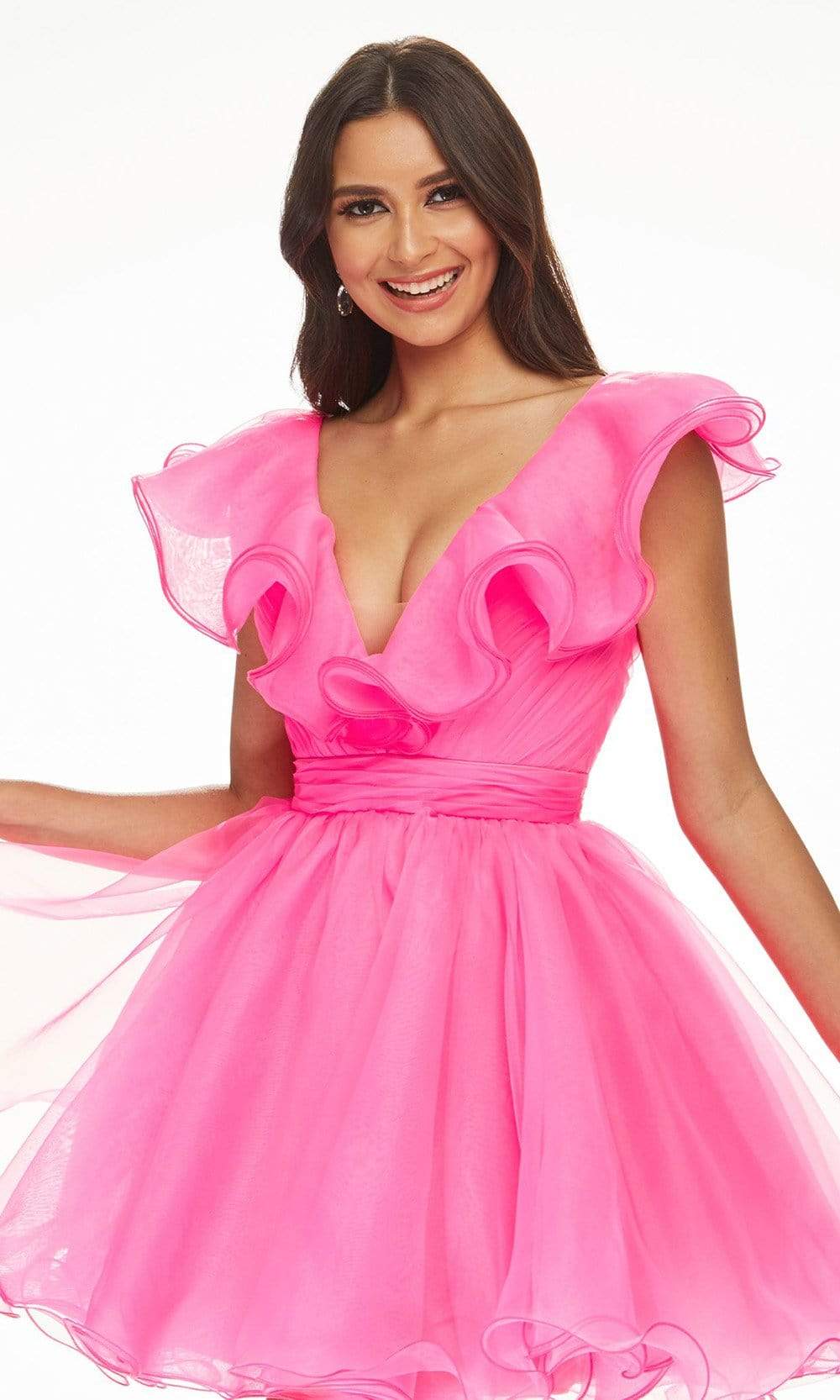 Ashley Lauren - 4464 Ruffled Plunging V-Neck Cocktail Dress Cocktail Dresses 0 / Hot Pink