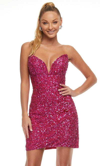 Ashley Lauren - 4474 V-Neck Sheath Cocktail Dress Cocktail Dresses 00 / Fuchsia