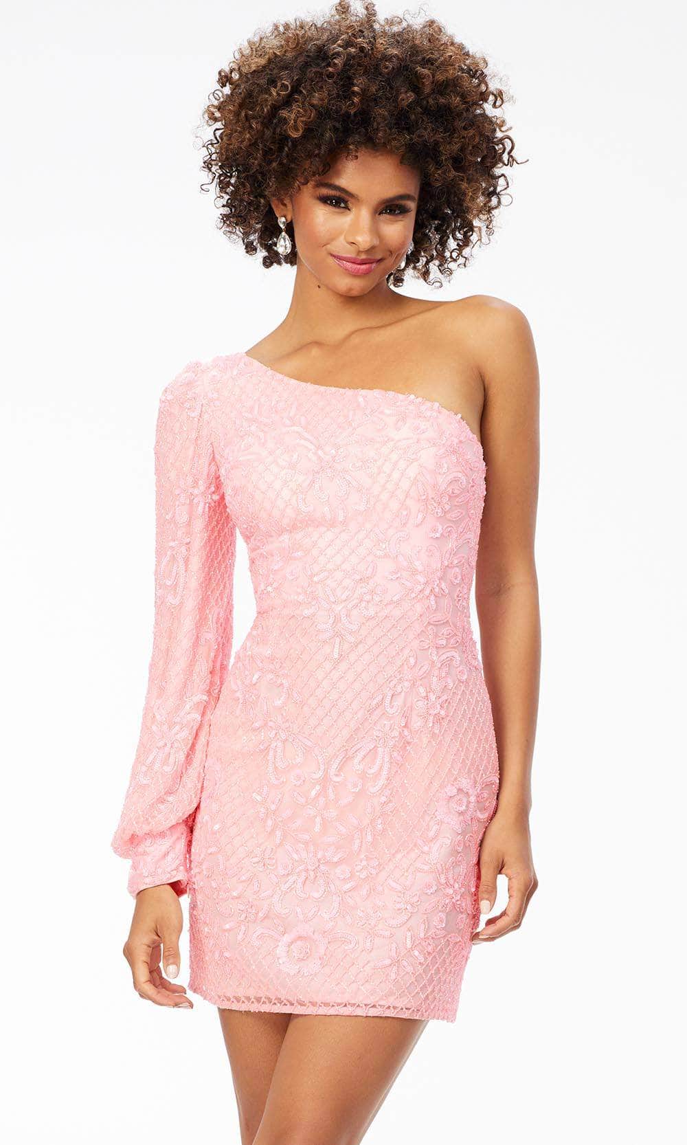 Ashley Lauren 4497 - One Shoulder Long Bishop Sleeve Cocktail Dress Special Occasion Dress 0 / Candy Pink