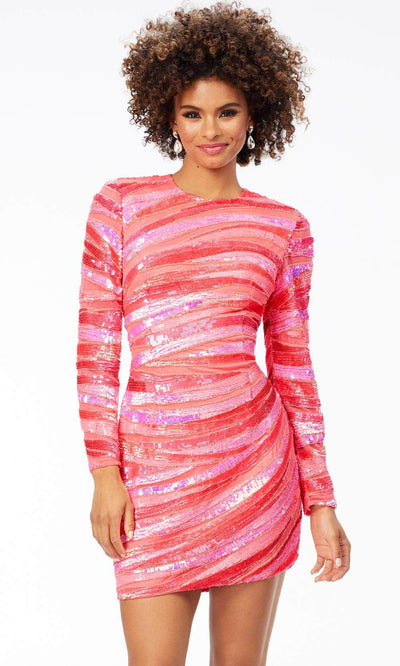 Ashley Lauren 4508 - Long Sleeve Sequin Cocktail Dress Special Occasion Dress 0 / Hot Pink