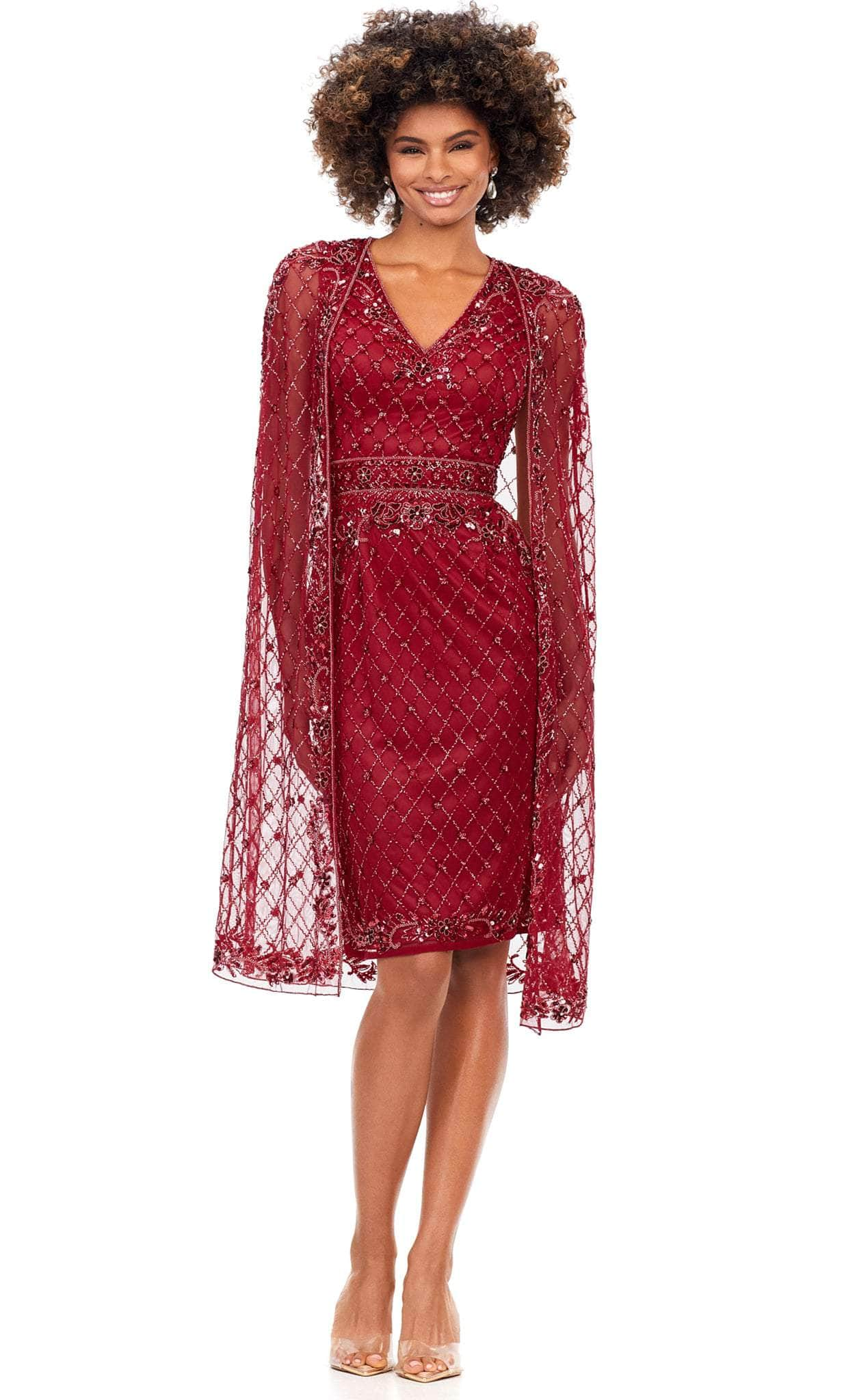 Ashley Lauren 4510 - V-Neck Beaded Cocktail Dress Cocktail Dresses 0 / Ruby Red