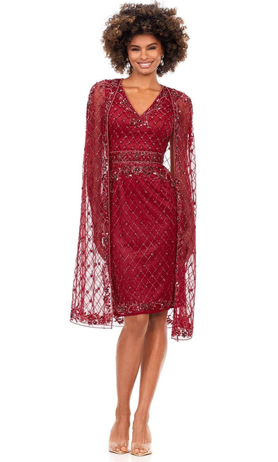 Ashley Lauren 4510 - V-Neck Beaded Cocktail Dress Cocktail Dresses 0 / Ruby Red