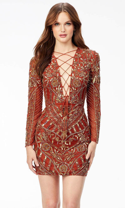 Ashley Lauren 4511 - Long Sleeve Lac-Up Bustier Sequin Cocktail Dress Special Occasion Dress 00 / Amber