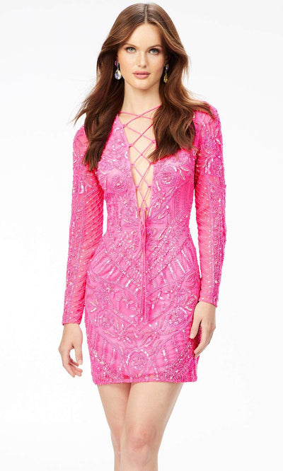 Ashley Lauren 4511 - Long Sleeve Lac-Up Bustier Sequin Cocktail Dress Special Occasion Dress