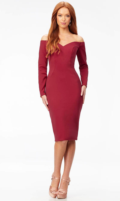 Ashley Lauren 4514 - Off- Shoulder Long Sleeve Tea-Length Dress Special Occasion Dress 0 / Burgundy