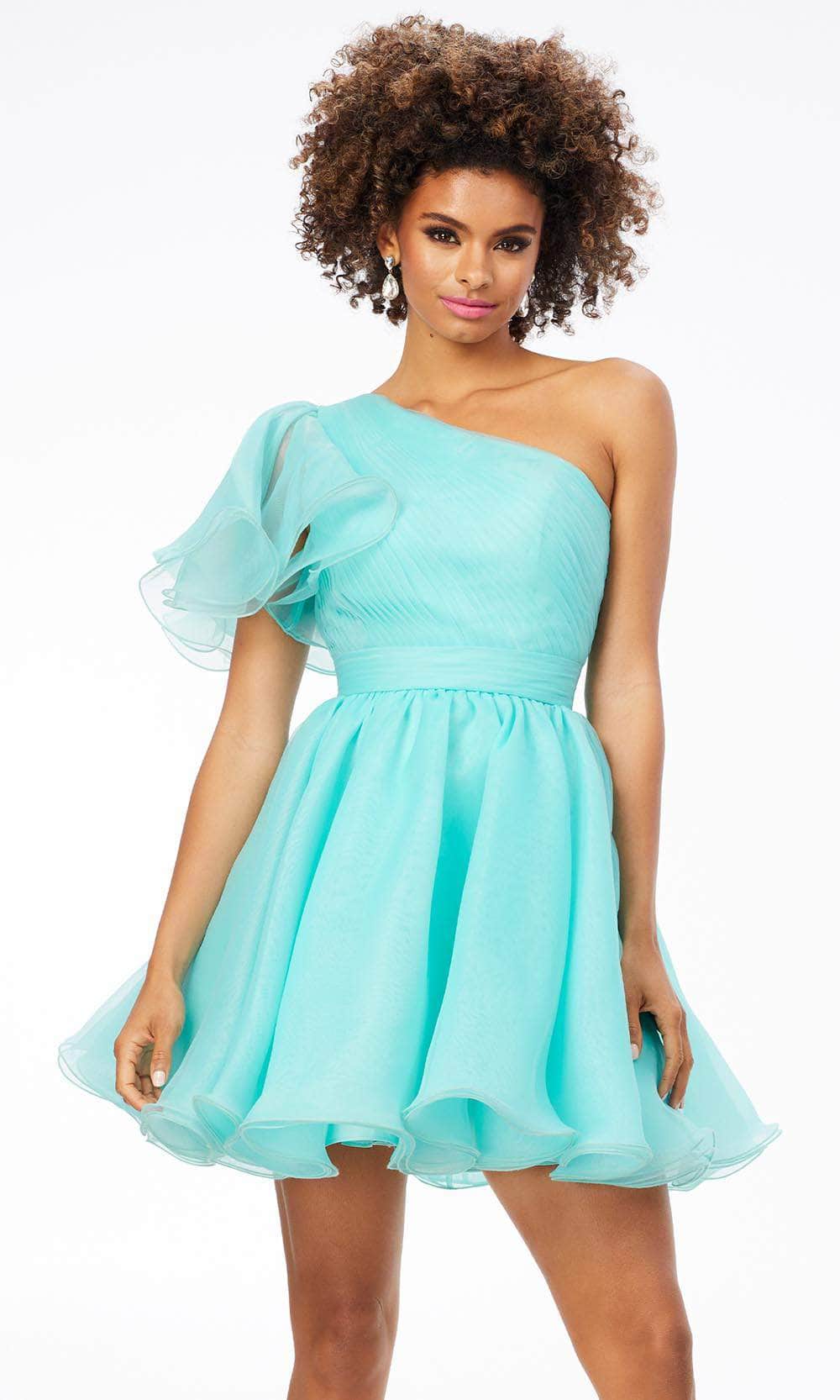 Ashley Lauren 4524 - Asymmetrical One Flutter Sleeve Cocktail Dress In Blue