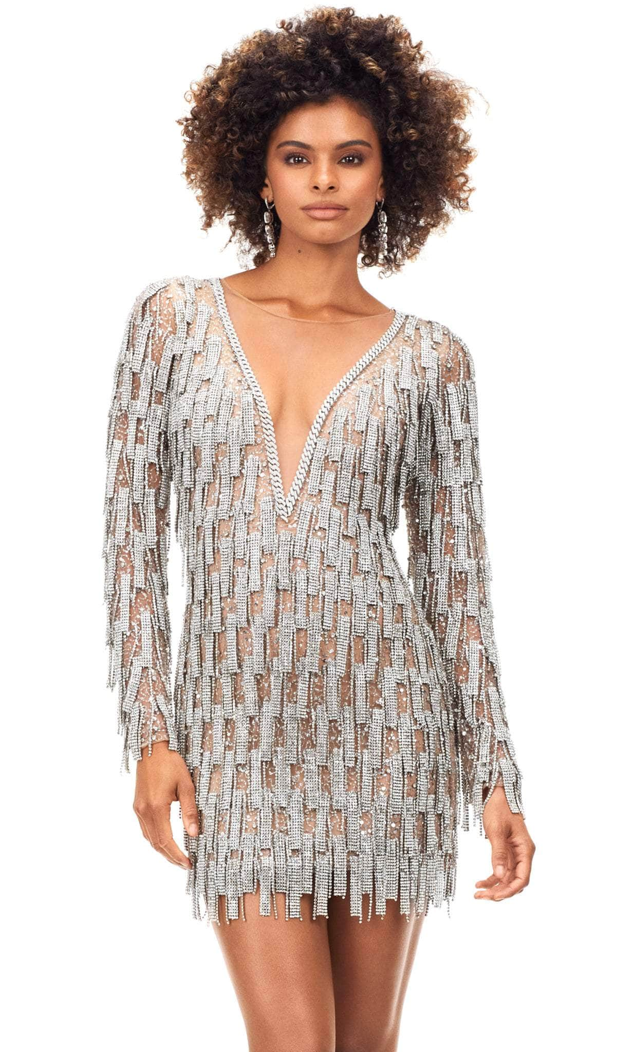 Ashley Lauren 4569 - Long Sleeve Embellished Fringe Dress Special Occasion Dress 0 / Silver/Nude