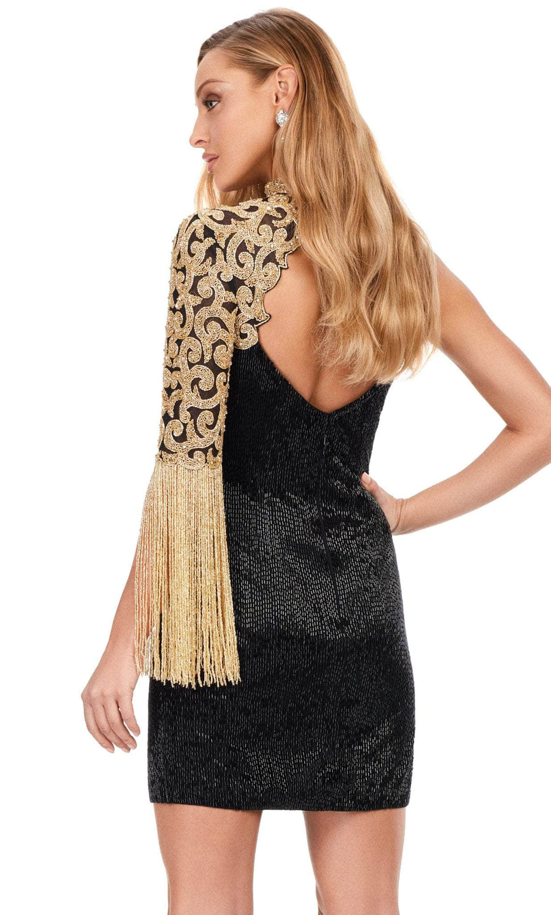 Ashley Lauren 4586 - Short Sheath Dress - Fully Beaded, One-Shoulder, Fringe, Open Back, Back Zipper Closure ADASA Ashley Lauren 4586 - Short Sheath Dress - Fully Beaded, One-Shoulder, Fringe, Open Back, Back Zipper Closure ADASA