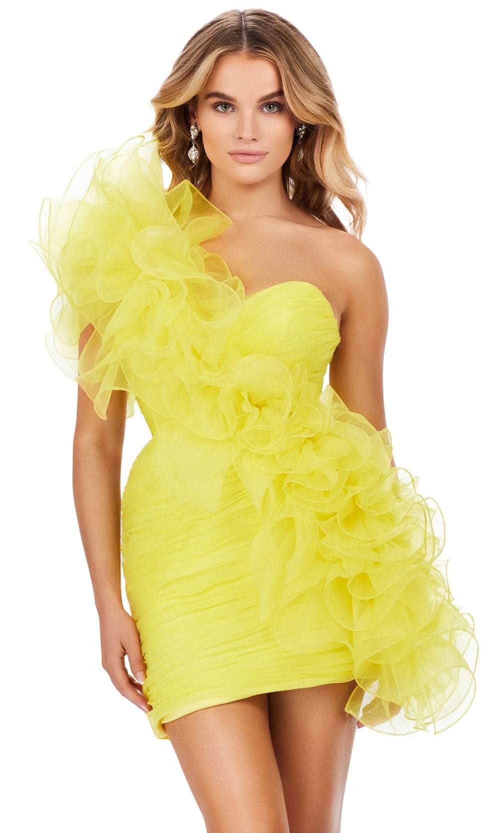 Asymmetrical Ruffle Ruched Ashley Lauren 4672 - Short Organza Sheath Dress - One-Shoulder, Ruched ...