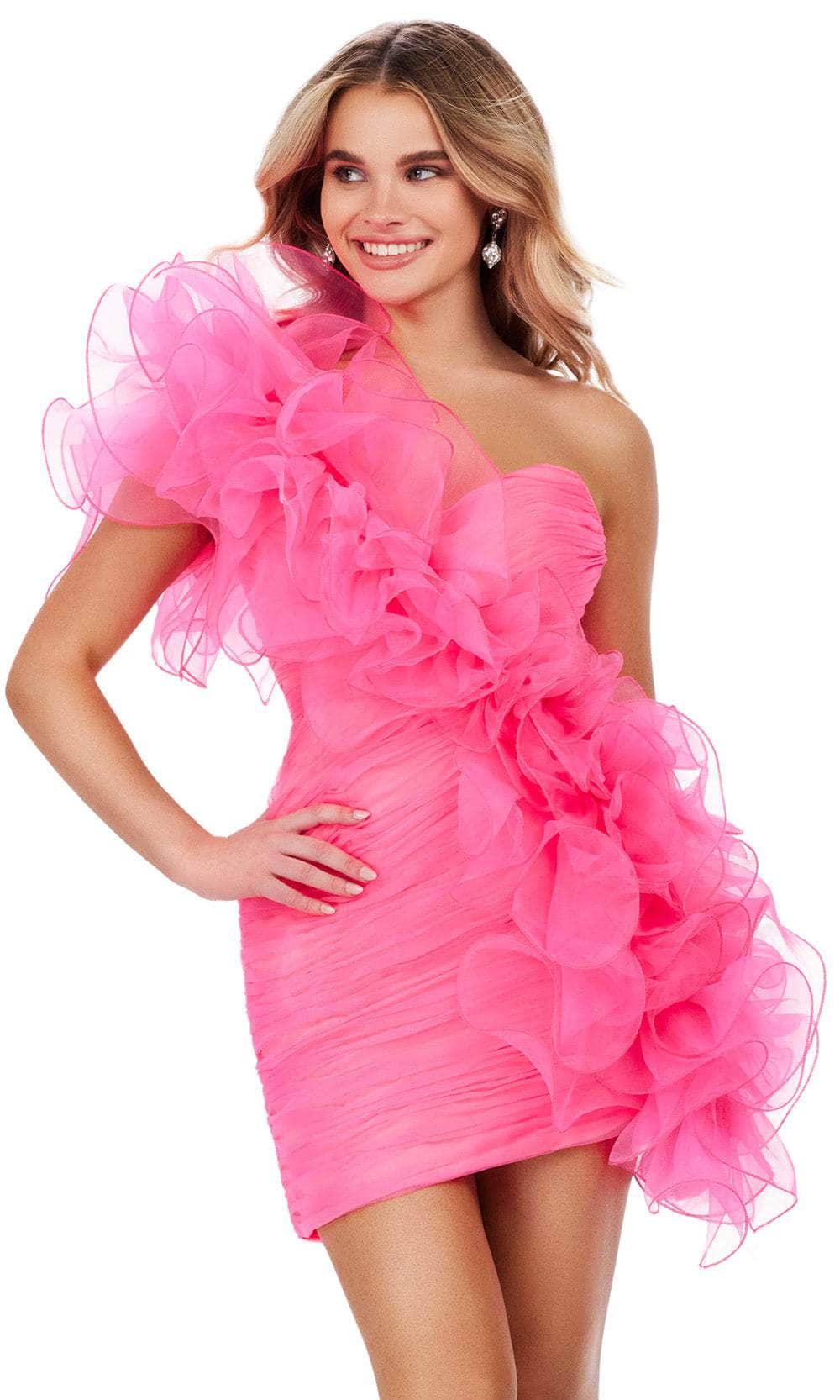 Asymmetrical Ruffle Ruched Ashley Lauren 4672 - Short Organza Sheath Dress - One-Shoulder, Ruched ...