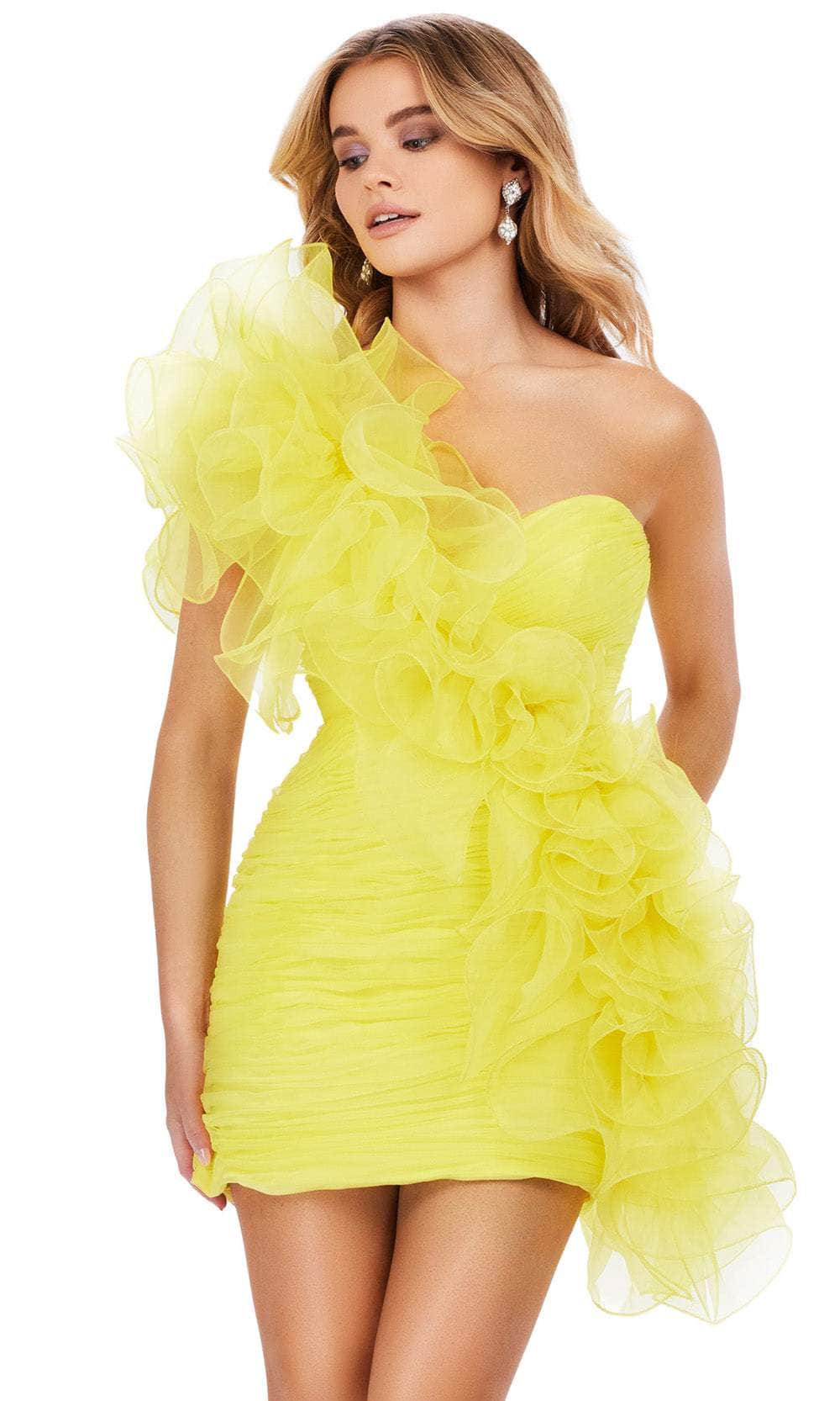 Asymmetrical Ruffle Ruched Ashley Lauren 4672 - Short Organza Sheath Dress - One-Shoulder, Ruched ...