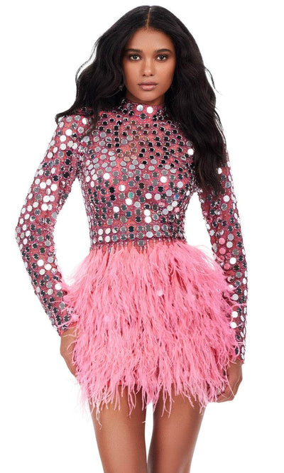 Ashley Lauren 4673 - Feather Detail Long Sleeve Dress Ball Gowns 0 /  Pink