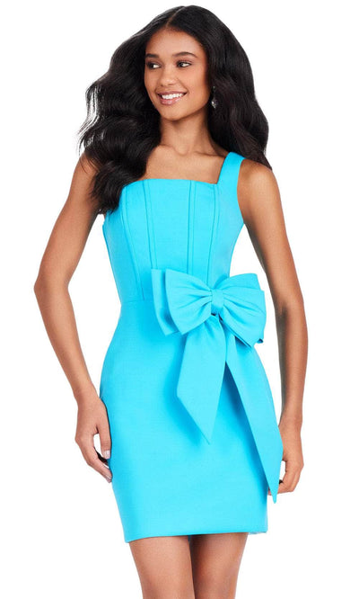 Ashley Lauren 4675 - Square Neck Bow Detailed Dress 00 /  Turquoise