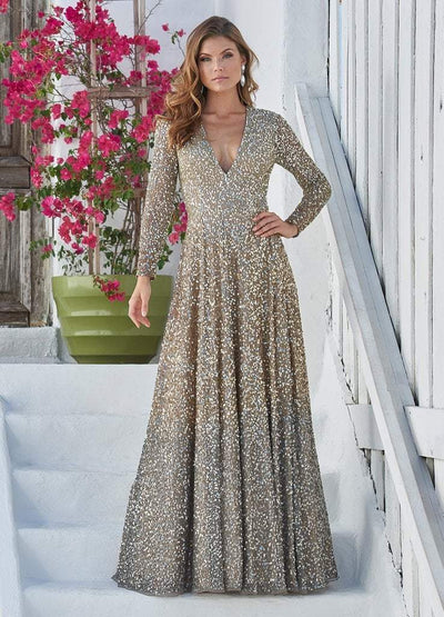 Ashley Lauren - Ombre Sequined V-neck A-line Dress 1456 CCSALE 16 / Silver/Gold