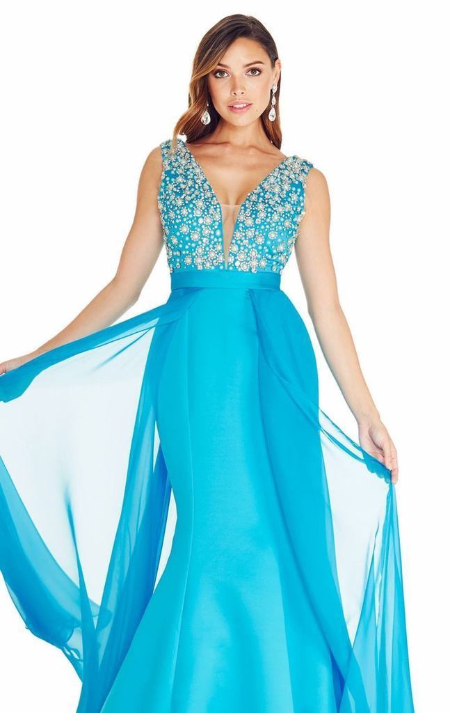 Ashley Lauren Plunging Evening Dress with Overskirt 1277 - 1 pc Turquoise in Size 2 Available CCSALE