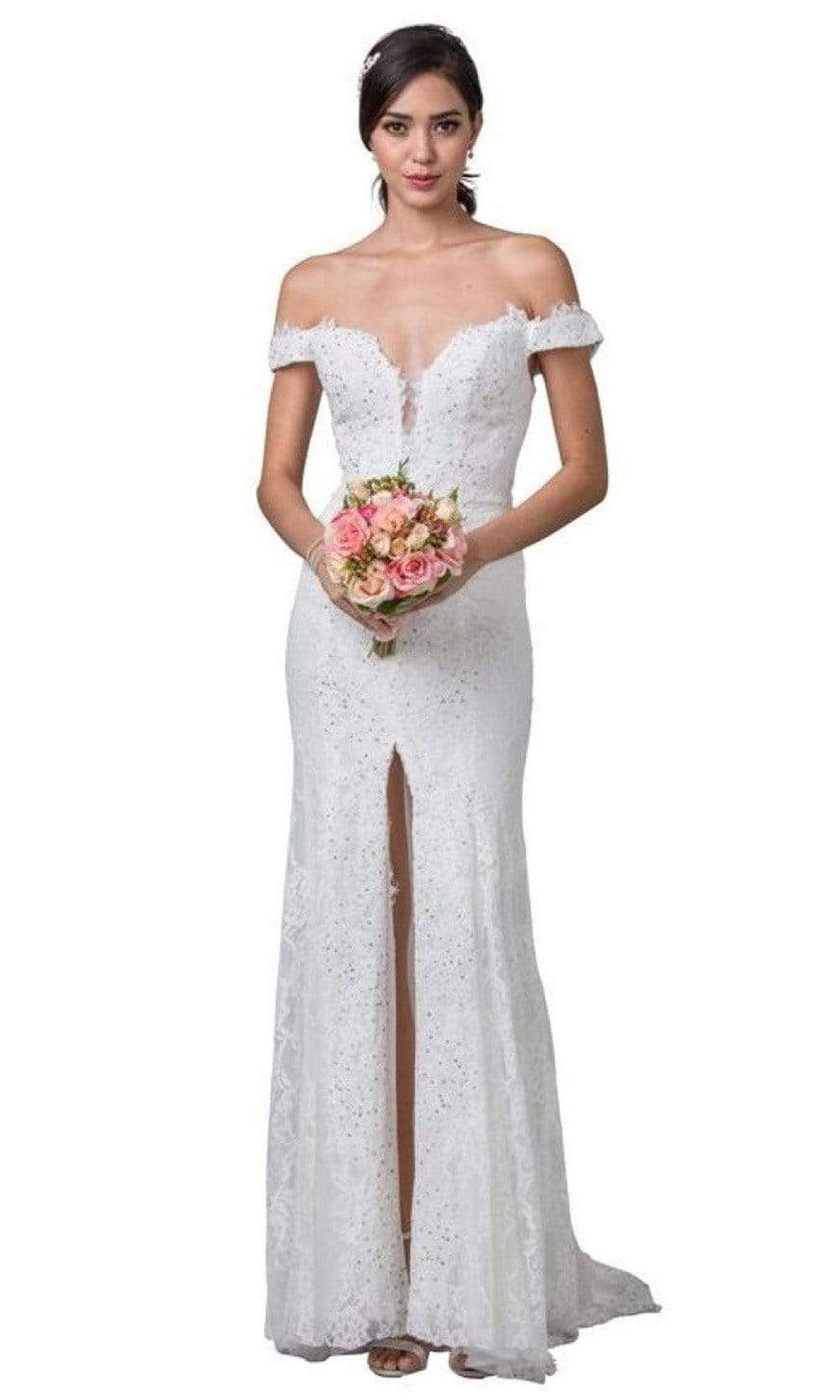 Aspeed Bridal - L2256 Off Shoulder Lace Sweep Train Gown Wedding Dresses XXS / Off White
