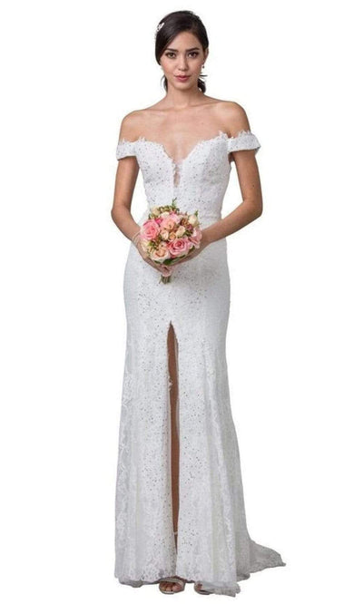 Aspeed Bridal - L2256 Off Shoulder Lace Sweep Train Gown Wedding Dresses XXS / Off White