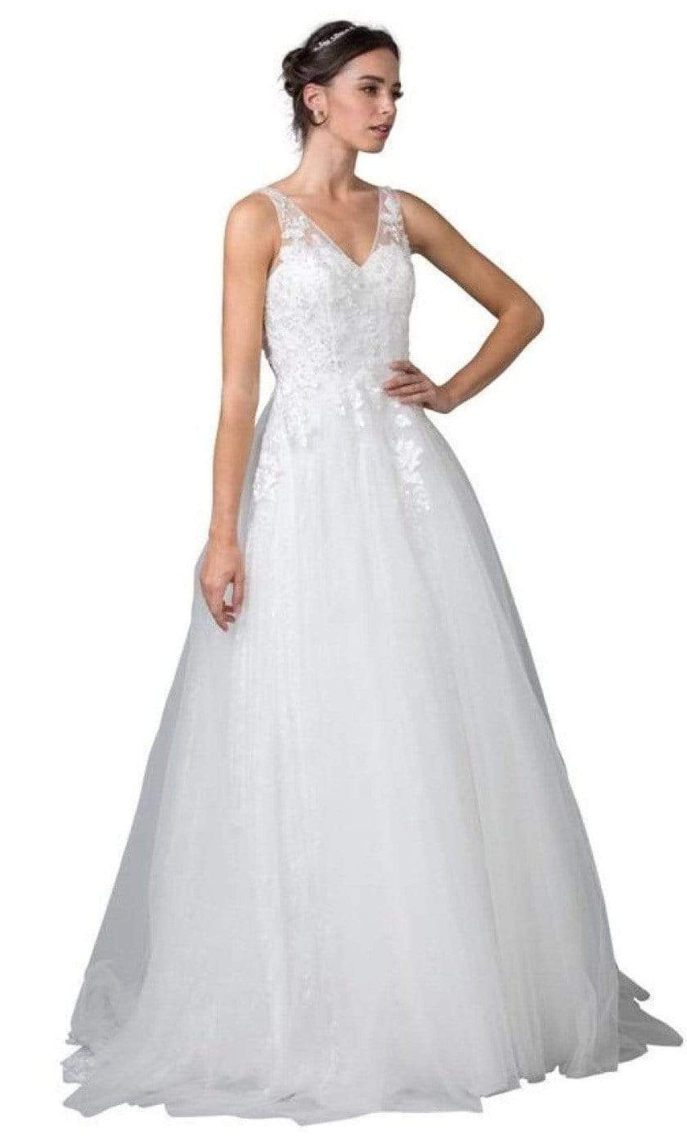 Aspeed Bridal - L2355 V Neck Tulle Long Wedding Gown Wedding Dresses XXS / Off White