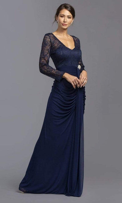 Aspeed Design - D189 V-Neck Sheath Evening Dress Mother of the Bride Dresses XXS / Navy
