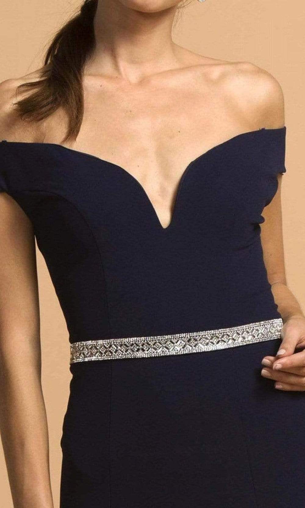 Aspeed Design - D257 Off Shoulder Plunge Neck High Slit Jersey Dress Evening Dresses