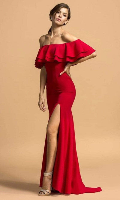 Aspeed Design - D293 Off Shoulder Bodycon Slit Dress Evening Dresses XXS / Red