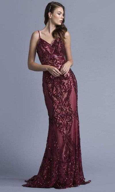 Aspeed Design - L1982 Long Sequined Spaghetti Strap Dress Evening Dresses XXS / Burgundy