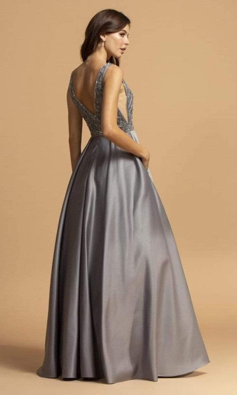 Aspeed Design - L2001 Embroidered Deep V Neck Satin A-Line Gown Prom Dresses