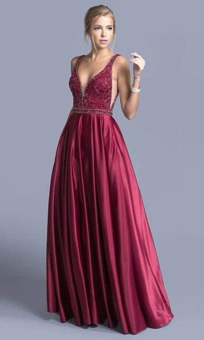 Aspeed Design - L2001 Embroidered Deep V Neck Satin A-Line Gown Prom Dresses XXS / Burgundy
