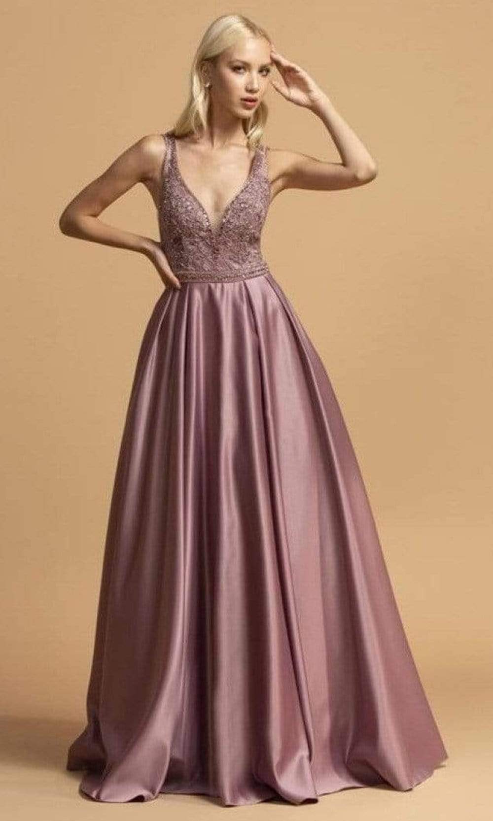 Aspeed Design - L2001 Embroidered Deep V Neck Satin A-Line Gown Prom Dresses XXS / Mauve