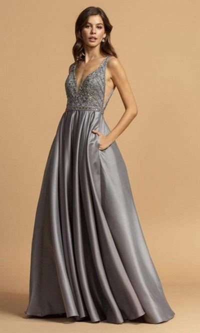 Aspeed Design - L2001 Embroidered Deep V Neck Satin A-Line Gown Prom Dresses XXS / Silver