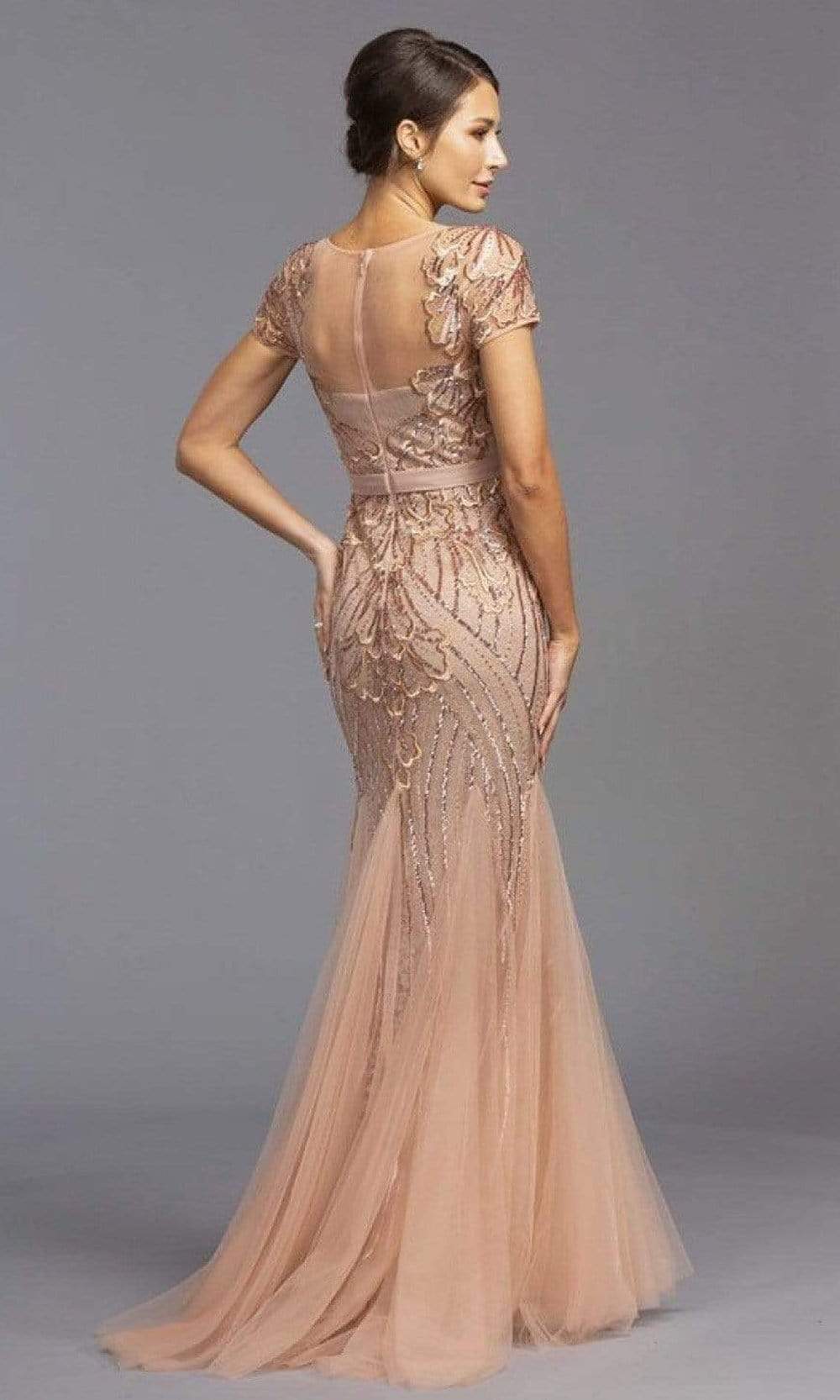 Aspeed Design - L2068 Short Sleeve Sequined Tulle Dress Evening Dresses