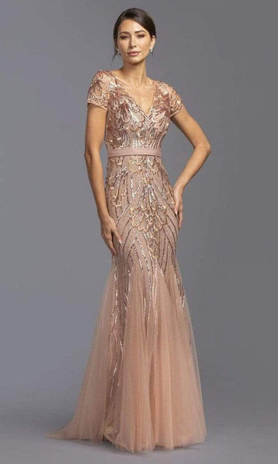 Aspeed Design - Sequined V-Neck Mermaid Gown L2068SC In Pink