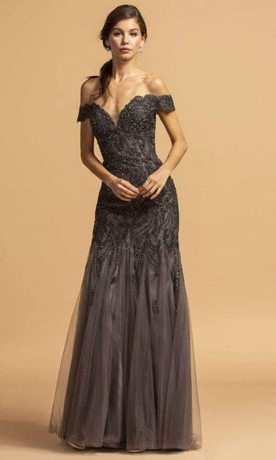 Aspeed Design - L2091 Embroidered Off Shoulder Tulle Gown Evening Dresses XXS / Charcoal