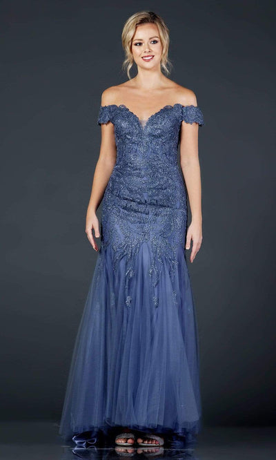 Aspeed Design - L2091 Embroidered Off Shoulder Tulle Gown Evening Dresses XXS / Slate Blue