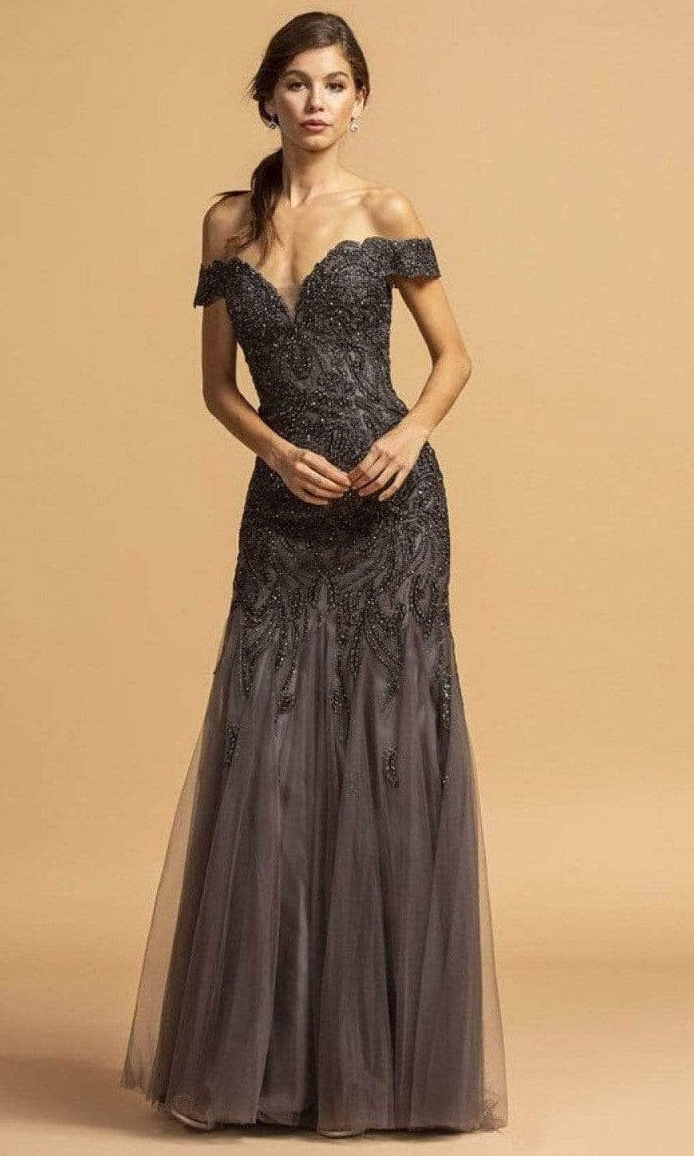 Aspeed Design - L2091 Fitted Bodice Embroidered Gown S / Slate Blue Aspeed Design - L2091 Fitted Bodice Embroidered Gown S / Slate Blue