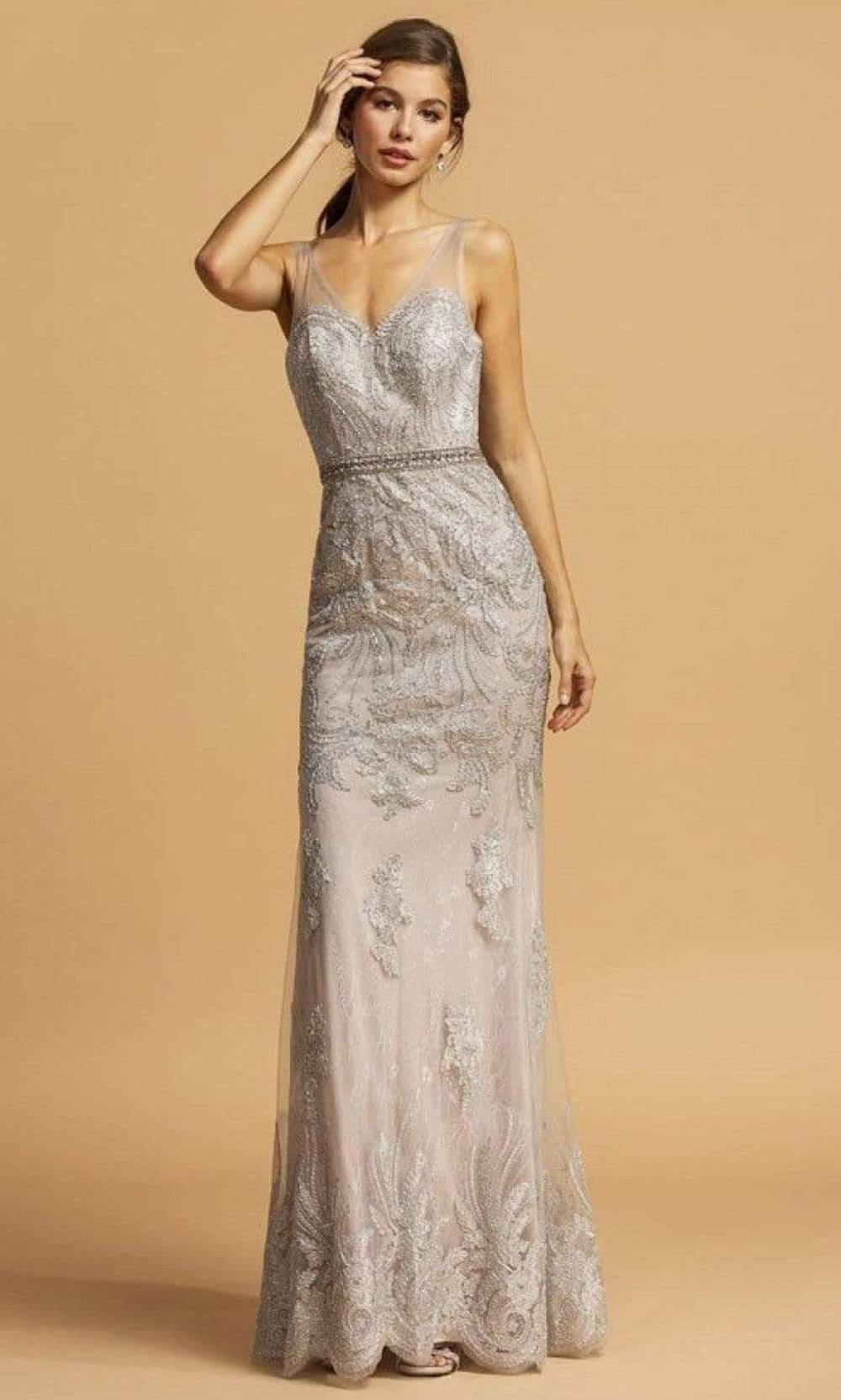Aspeed Design - L2096 Appliqued Scallop-Hemmed Dress Evening Dresses XXS / Silver