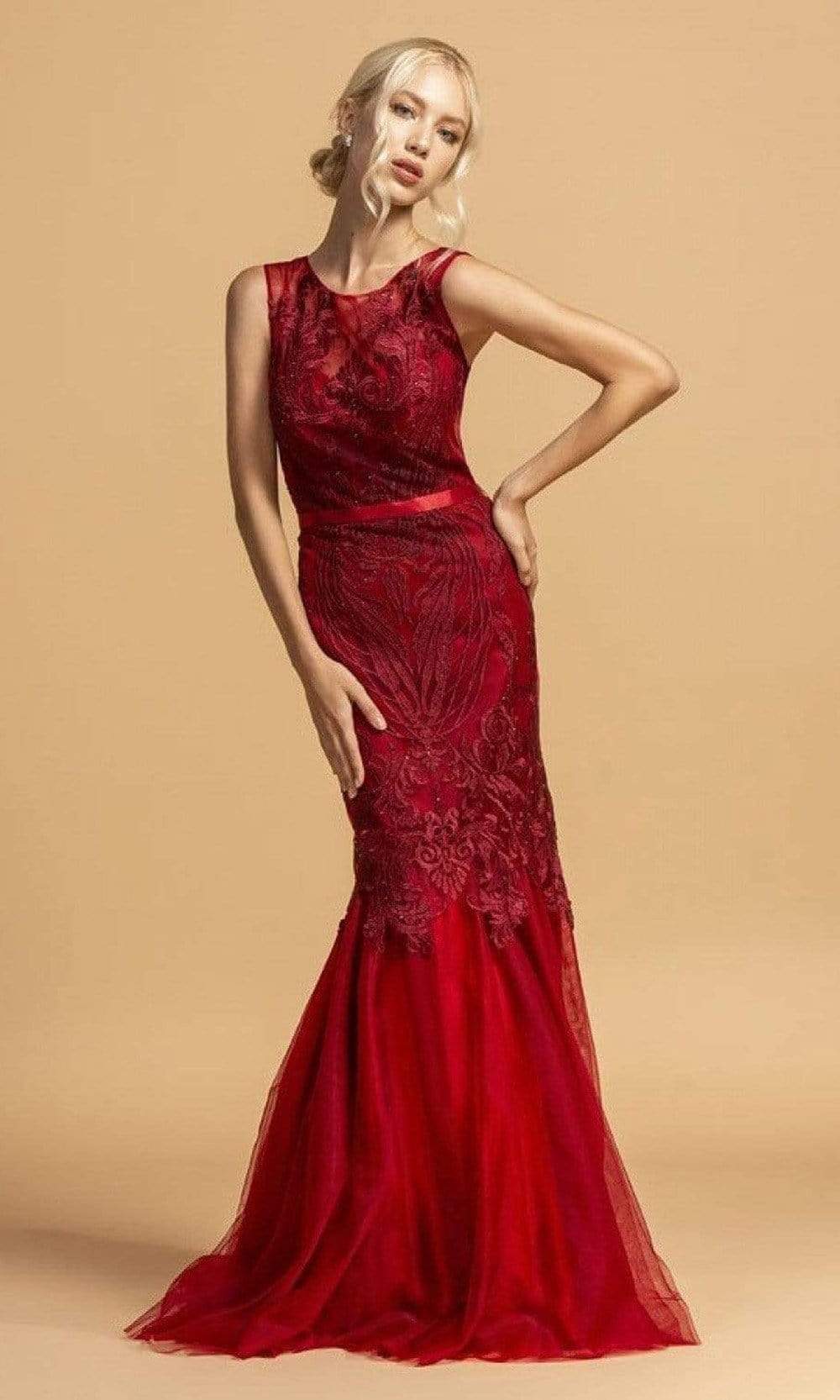 Aspeed Design - L2099 Illusion Jewel Trumpet Evening Dress Evening Dresses XXS / Burgundy