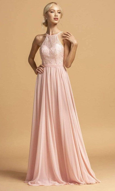 Aspeed Design - L2105 Embellished Halter Neck Chiffon Dress Prom Dresses XXS / Blush